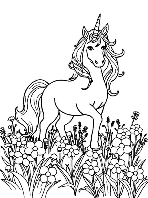 Un unicornio en un prado de flores