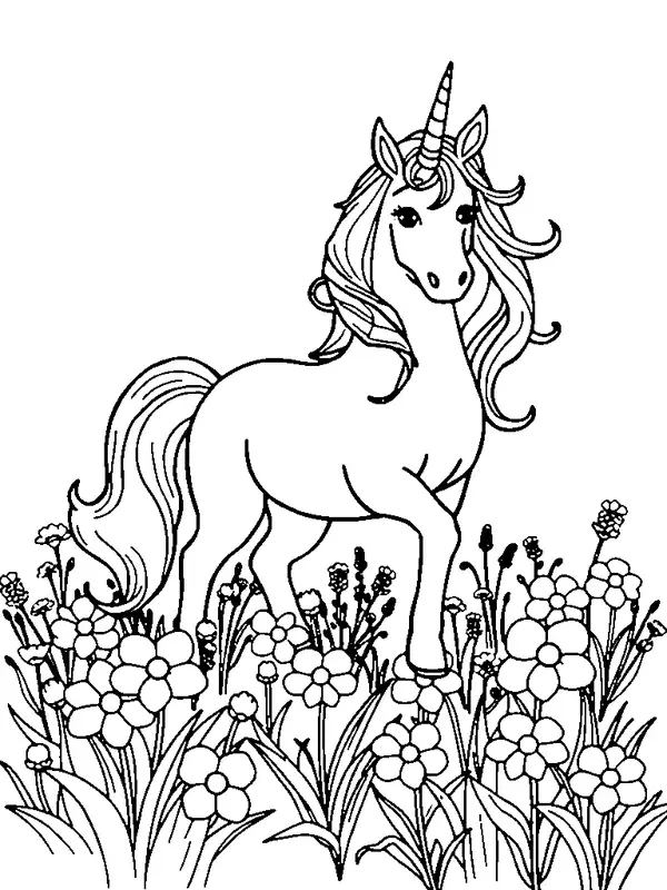 Unicorn di padang bunga halaman mewarnai